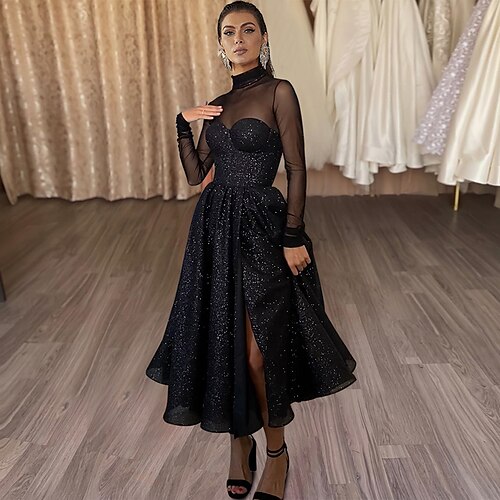 

Linea-A Abiti da cocktail Elegante Vestito Abiti da festa Lunghezza tè Manica lunga Collo alto Mercoledì Famiglia Addams Tulle con Lustrini Fessura 2023