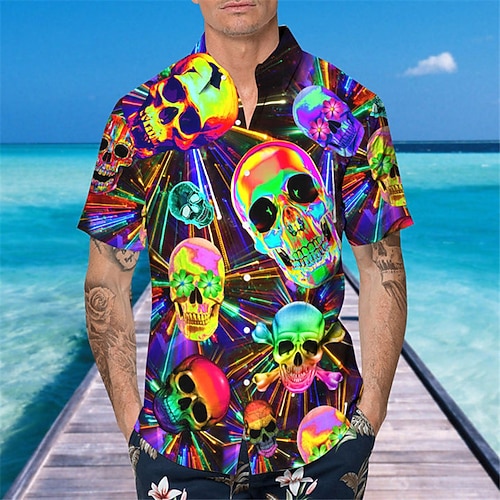 

Men's Shirt Summer Hawaiian Shirt Skull Graphic Prints Turndown Purple Casual Holiday Short Sleeve Button-Down Print Clothing Apparel Tropical Fashion Hawaiian Soft