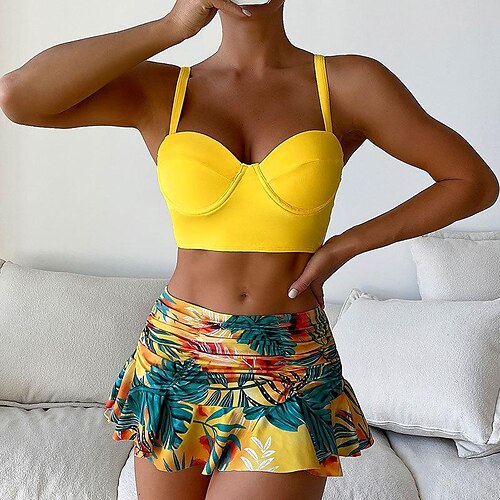 

Mujer Bañadores Bikini Normal Traje de baño 2 Piezas Estampado Árboles / Hojas Amarillo Rojo Trajes de baño Deportes Verano