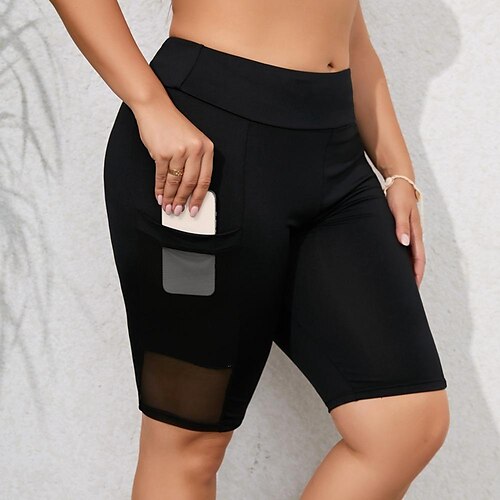 

Women's Swimwear Bikini Bottom Plus Size Swimsuit Mesh Patchwork Pocket Solid Color Black Bathing Suits Sports Summer