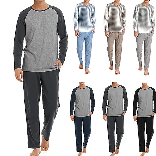 

Herre Loungewear Pyjamas Sæt Pyjamas top og bukser 1set Stribe Stilfuld Afslappet Komfort Hjem Daglig Bomuld Komfort Lomme Vinter Efterår Navyblå Lysegrå