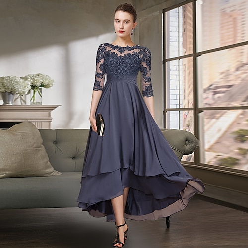 

Linjeform Kjole til brudens mor Bryllupsgjest Fest Elegant Besmykket Asymmetrisk Chiffon Blonder Halvlange ermer med Plissert Ensfarget 2023