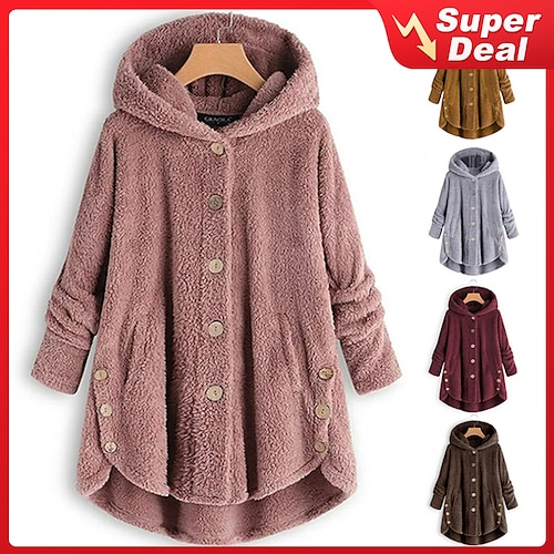 

Women's Fleece Jacket Pullover Sherpa Fleece Teddy Button Front Pocket claret turmeric Black Solid Color Street Hoodie Long Sleeve Fleece