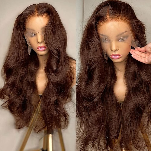 

13x6 auburn brown body wave blonde front parykker hd gennemsigtig blonde front paryk menneskehår med babyhår kastanjebrun farvet menneskehår parykker til sorte kvinder brasilianske jomfru limløse