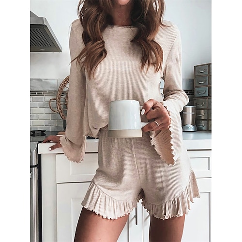 

Dame Loungewear Sæt Ren farve Afslappet Komfort Blødt Hjem Daglig Ferierejse Polyester Åndbart Rund hals Langærmet T-shirt Shorts Forår Sommer Kakifarvet