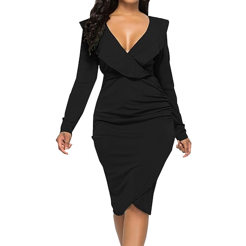 

kvinner semi formell kjole bodycon sheath kjole formell cocktailfest midi kjole fest stilig v-hals langermet ruched 2023 normal passform svart gul vin ren farge s m l xl 2xl