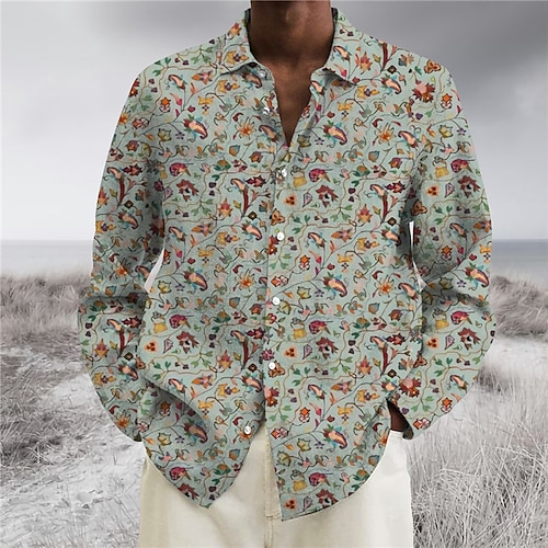 

Men's Shirt Floral Graphic Prints Turndown Olive Green Green Outdoor Street Long Sleeve Button-Down Print Clothing Apparel Tropical Sports Boho Streetwear