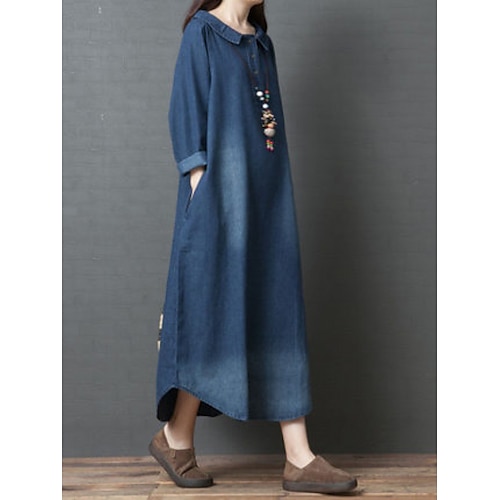 

Dame Denim skjortekjole Maxikjole Denimstoff Mote Fritid utendørs Daglig Feriereise Skjortekrage Lomme Langermet Sommer Vår Høst 2023 Løstsittende Svart Blå عادي M L XL 2XL