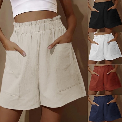 

Women's Basic Essential Casual / Sporty Wide Leg Bermuda shorts Slacks Pocket Elastic Waist Short Casual Inelastic Plain Linen Breathable Soft Mid Waist Loose White Black Blue Red Beige S M L