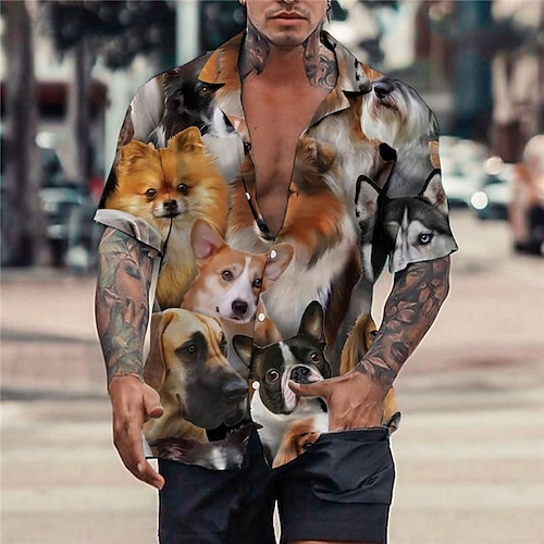 

Men's Shirt Summer Hawaiian Shirt Animal Dog Graphic Prints Turndown Yellow Brown Casual Holiday Short Sleeve Button-Down Print Clothing Apparel Tropical Fashion Hawaiian Soft