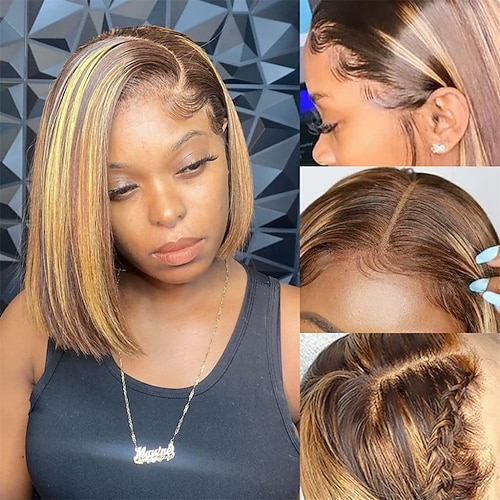 

ombre bob parykk menneskehår 13x4 blonder foran highlight bob parykk 4/27 brunfarget menneskehår parykker for svarte kvinner 150% tetthet parykker menneskehår forhåndsplukket rett bob menneskehår