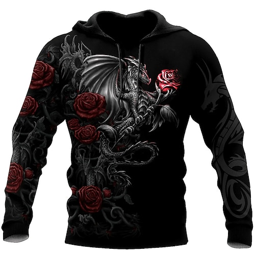 

Homme Sweat à capuche Noir Capuche Dragon Imprimés Photos Imprimer du quotidien Des sports 3D effet basique Vêtement de rue Design Printemps Automne Vêtement Tenue Pulls Capuche Pulls molletonnés