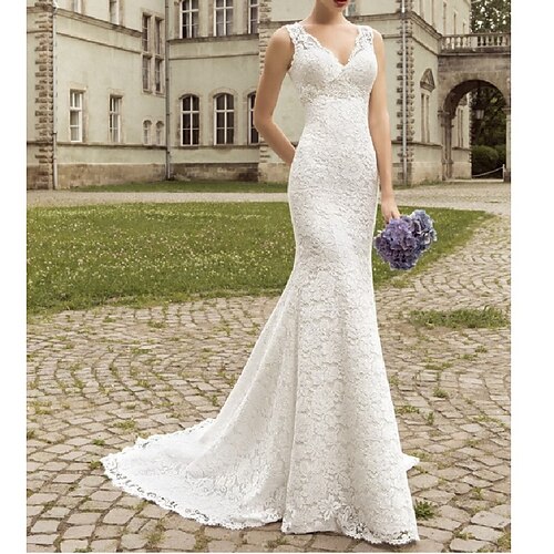 

Fidanzamento Sensuale Da cerimonia Abiti da sposa Strascico di corte A sirena Senza maniche A V Di pizzo Con Di pizzo 2023 Abiti da sposa