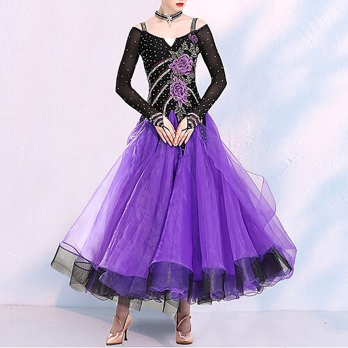 

Ballroom-dans Kjole Broderi Kombinasjon Krystall / Rhinestone Dame Ytelse Trening Langermet Spandex Organza
