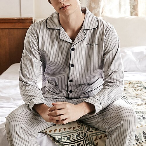 

Herre lounge Pyjamas Sett Pyjamas topp og bukse 1set Stripe Stilfull Fritid Hjem Daglig Seng Bomull Pustende Myk Knaphul Langermet Skjorte Bukse Høst Vår Grå