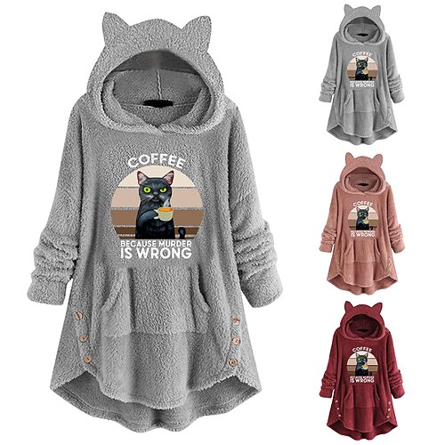 

Inspired by Animal Cat Sweatshirt Cat Ear Fleece Hoodie Anime Pront Pocket Teddy Plain Button Hoodie For Women's Adults' Hot Stamping Flannel Casual Daily