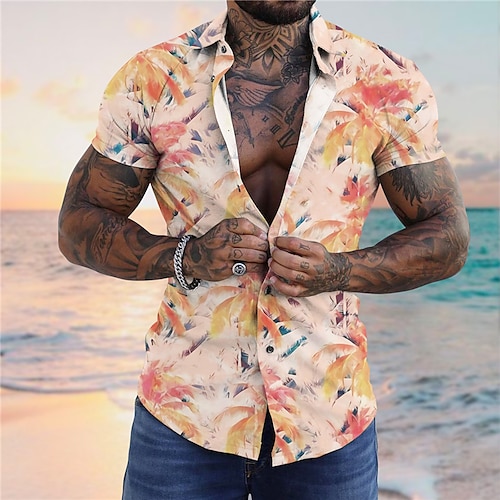 

Homens Camisa Social Camisa havaiana Estampas Abstratas Folhas Aberto para a Lateral Amarelo Verde Rua Casual Manga Curta Botão para baixo Imprimir Roupa Tropical Moda Havaiana Designer