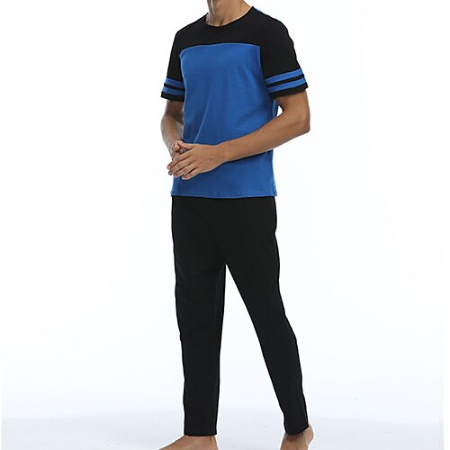

Herre lounge Pyjamas Sett Pyjamas topp og bukse 1set Stripe Stilfull Fritid Komfort Hjem Daglig Seng Bomull Komfort Crew-hals Kortermet Vår Sommer Blå Lysegrå