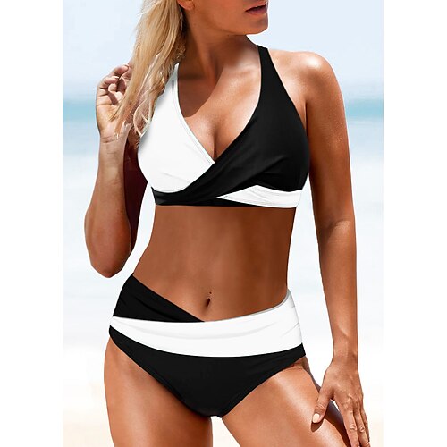 

Women's Swimwear Bikini Plus Size Swimsuit 2 Piece Color Block White Yellow Blue Bandeau Bathing Suits Sports Summer