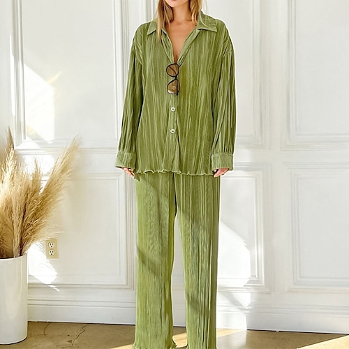 

Per donna Pigiami Top e pantalone del pigiama Completi Colore puro Semplice Informale Morbido Interni Giornaliero Da letto Seta sintetica Traspirante Bavero Manica lunga Camicia Pantalone Pulsante