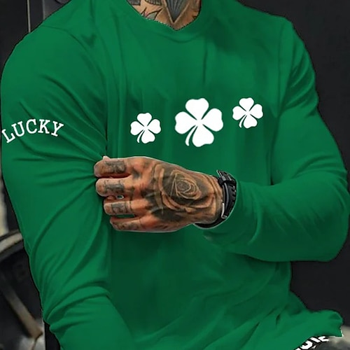 

Men's T shirt Tee Tee Graphic Clover Crew Neck Clothing Apparel 3D Print Casual St.Patrick's Day Long Sleeve Print Vintage Fashion Designer