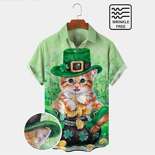 

Men's Shirt Summer Hawaiian Shirt Cat Graphic Prints Clover Turndown Green Outdoor Street Short Sleeves Button-Down Print Clothing Apparel Tropical Fashion Hawaiian Designer
