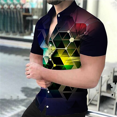 

Men's Shirt Summer Hawaiian Shirt Graphic Prints Geometry Turndown Yellow Blue Orange Street Casual Short Sleeves Button-Down Print Clothing Apparel Fashion Designer Breathable