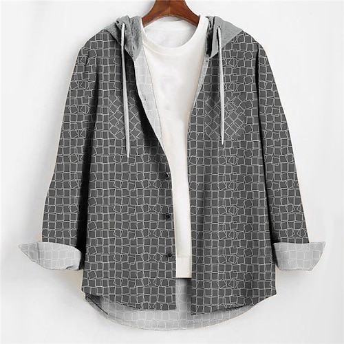 

Men's Shirt Plaid / Check Graphic Prints Hooded Blue Gray Outdoor Street Long Sleeve Print Clothing Apparel Fashion Designer Casual Soft