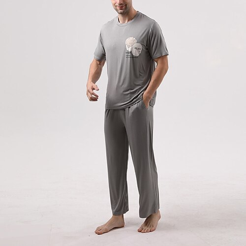 

Herre Loungewear Pyjamas Sæt Pyjamas top og bukser 1set Grafiske tryk Stilfuld Afslappet Hjem Daglig Seng Bomuld Åndbart Blød Rund hals Kortærmet T-shirt Bukse Forår Sommer Mørkegrå Grå