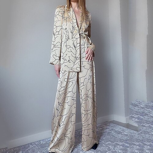 

Dame Pyjamas Pyjamas topp og bukse Sett Abstrakt Mote Fritid Myk Hjem Daglig Seng Faux silke Pustende Knaphul Langermet Skjorte Bukse Knapp Høst Vår Beige
