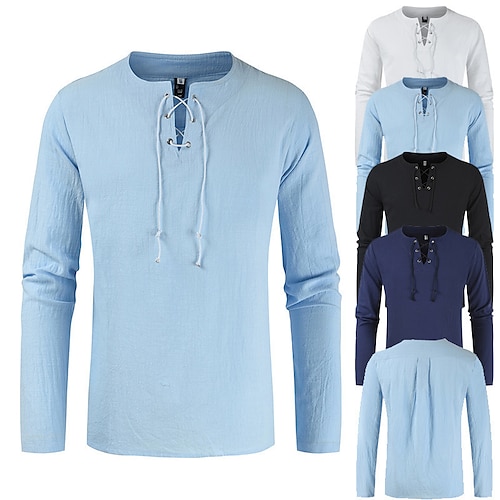 

Per uomo camicia di lino Camicia estiva Camicia da spiaggia Nero Bianco Blu marino Manica lunga Liscio A V Primavera Autunno Esterno Giornaliero Abbigliamento Lacci