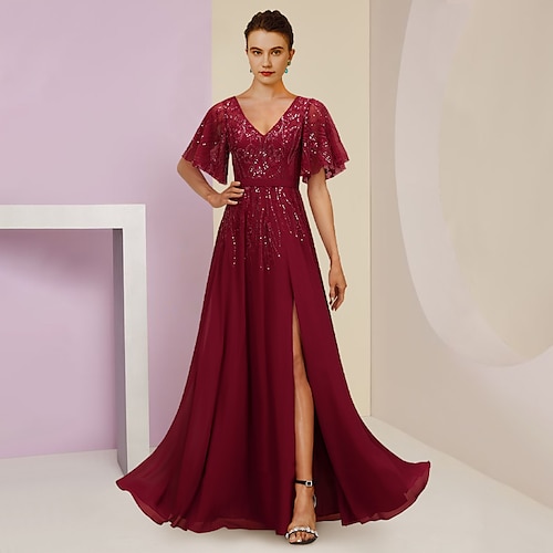

Linjeform Kjole til brudens mor Bryllupsgjest Elegant Glitrende V-hals Gulvlengde Chiffon Blonder Paljetter Kortermet med Plissert Delt front 2023