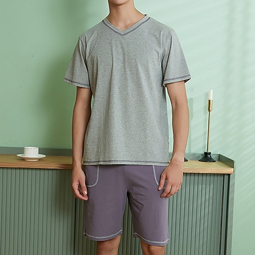 

Herre lounge Pyjamas Sett Pyjamas topp og shorts 1set عادي Stilfull Fritid Hjem Daglig Seng Bomull Pustende Myk V-hals Kortermet T skjorte Shorts Elastisk midje Vår Sommer Drue Lilla