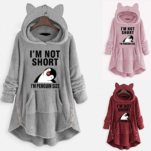 

Inspired by Animal Penguin Sweatshirt Cat Ear Fleece Hoodie I'm not Short Pront Pocket Teddy Plain Button Hoodie For Women's Adults' 3D Print Flannel Casual Daily