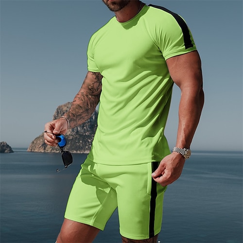 

Herre T-Shirt Jakkesæt Træningsdragt Farveblok Rund hals Gade Ferierejse Kort Ærme 2 Pakker Tøj 2stk Designer Basale Moderne Moderne
