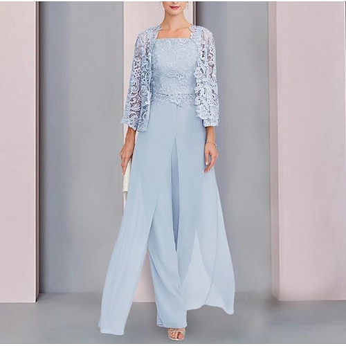 

Buksedrakt Kjole til brudens mor Formell Elegant Innpakking inkludert Firkantet hals Gulvlengde Chiffon Blonder Ermeløs Innpakking inkludert med Appliqué 2023