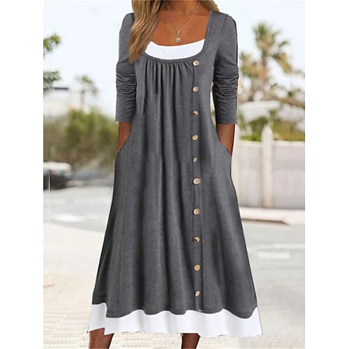 

Women's Casual Dress Shift Dress Plain Dress Plain Button Pocket Square Neck Midi Dress Basic Classic Outdoor Daily 3/4 Length Sleeve Loose Fit Black Khaki Gray Summer Spring S M L XL XXL