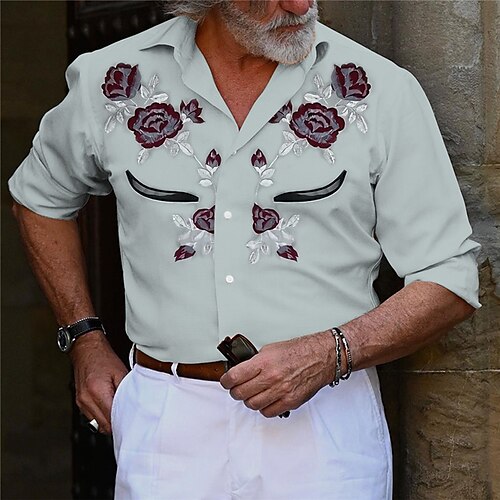 

Men's Shirt Western Shirt Floral Graphic Prints Turndown Apricot Blue Outdoor Street Long Sleeve Button-Down Print Clothing Apparel Fashion Streetwear Designer western style