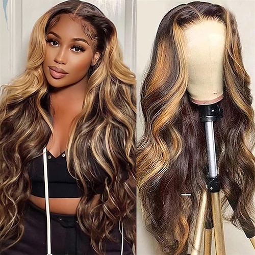 

ombre highlight blonder foran parykker menneskehår parykker for svarte kvinner ferdig plukket med babyhår 4/27 honningblond limløs 13x4 body wave blonder foran menneskehår parykker 180% tetthet