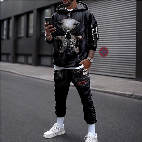 

Homme Ensemble Survetement Ensemble de sweats à capuche Noir Capuche Graphic Crânes 2 Pièces Imprimer Sport Loisir Casual Des sports 3D effet basique Vêtement de rue Design Automne Printemps