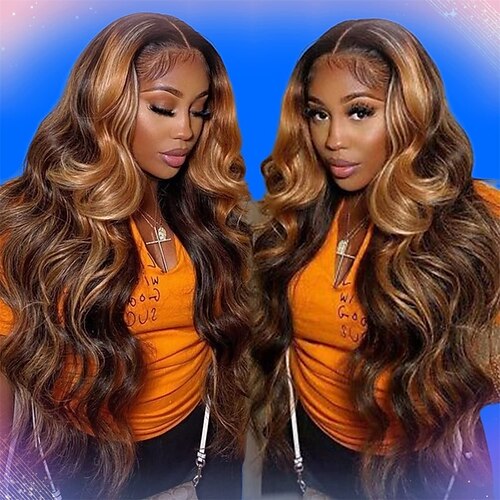 

22 tommers highlight 4/27 farge 200 % tetthet ombre blonder front parykk menneskehår 13x4 hd transparent blonder body wave piano farge pre-plukket med babyhår honning blond ombre menneskehår parykker