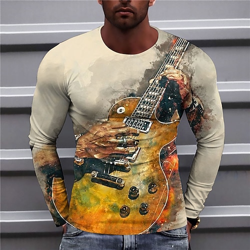 

Herre T-shirt T-Shirts Grafisk Guitar Rund hals Tøj 3D-udskrivning udendørs Afslappet Langærmet Trykt mønster Årgang Mode Designer
