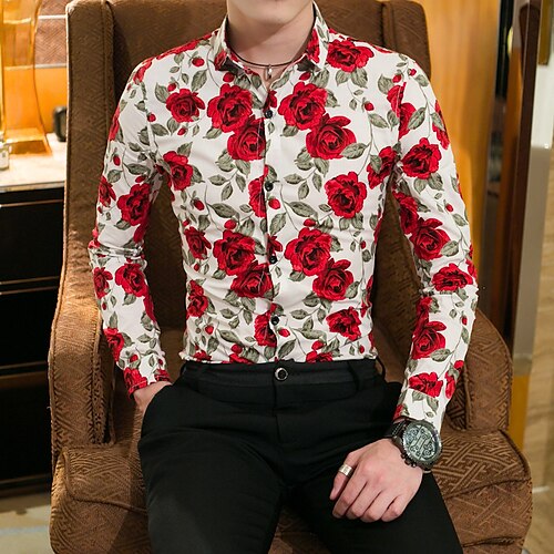 

Men's Shirt Rose Graphic Prints Turndown Black White Outdoor Street Long Sleeve Button-Down Print Clothing Apparel Sports Fashion Streetwear Designer