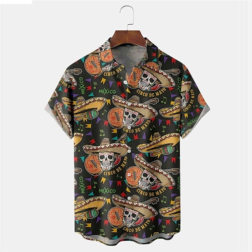 

Men's Shirt Summer Hawaiian Shirt Skull Letter Graphic Prints Musical Instrument Turndown Black Outdoor Street Short Sleeves Button-Down Print Clothing Apparel Tropical Fashion Hawaiian Designer