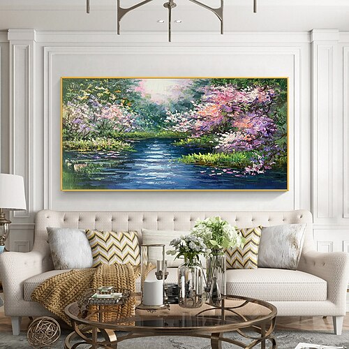 

Handmade Oil Painting Canvas Wall Art Decor Abstract Pink Tree Landscape Painting Original Seascape Painting for Home Decor With Stretched Frame/Without Inner Frame Painting