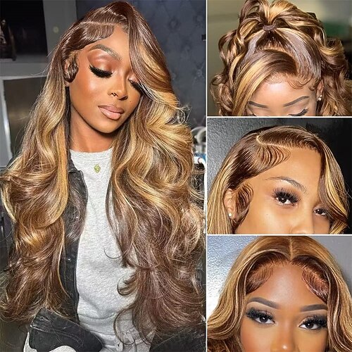 

18 tommer ombre blonde front paryk menneskehår 13x4 blond highlight blonde front paryk menneskehår 150% tæthed brasiliansk jomfru menneskehår paryk pre-plukket med babyhår honning blond highlight