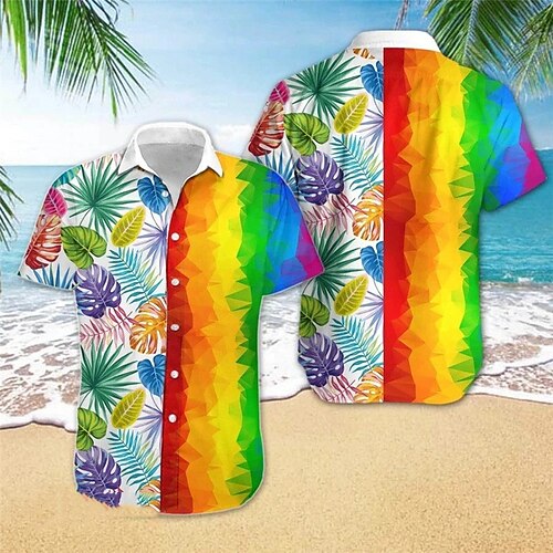 

Men's Shirt Summer Hawaiian Shirt Graphic Prints Leaves Pride Turndown Rainbow Casual Going out Short Sleeve Button-Down Print Clothing Apparel Tropical Fashion Hawaiian Soft