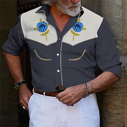 

Men's Shirt Western Shirt Floral Graphic Prints Turndown Blue Gray Outdoor Street Long Sleeve Button-Down Print Clothing Apparel Fashion Streetwear Designer western style