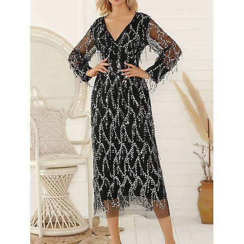 

Dame Festkjole Frynsekjole Paillet kjole Lang kjole Maxikjole Sort Beige Langærmet Ren farve Pailletter Sommer Forår V-hals Fest 2023 S M L XL 2XL / Elegant kjole / Kvast