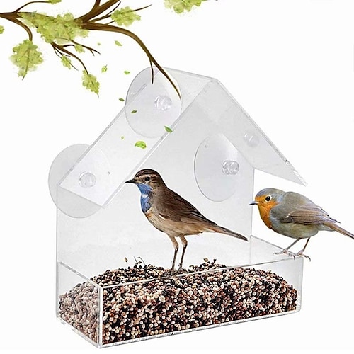 

comedero para pájaros de ventana comederos para pájaros al aire libre resistentes a la intemperie con bandeja de 3 secciones y cubierta de techo, casa para pájaros transparente para pasar el rato, gran casa para pájaros colgante exterior